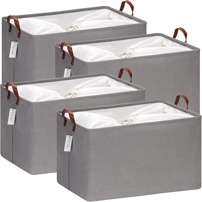 Hinwo 70L Extra Large Canvas Storage Bin with Lid and Handles, 4-Pack | Collapsible Fabric Baskets, Closet Shelf Organizers, Containers for Clothing, Blankets, Toys, Bedding (Gray)