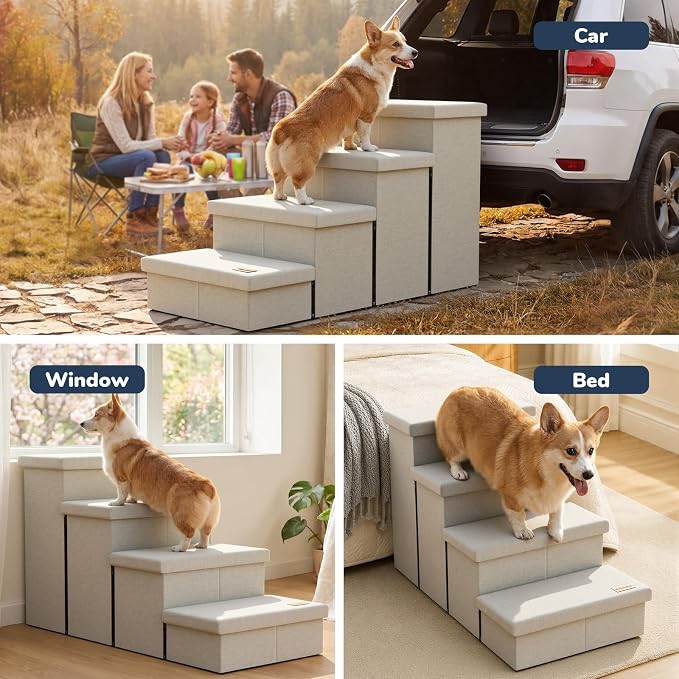 4-Step Wide Dog Stairs with Storage 23" H, Non-Slip Sturdy Pet Steps for High Bed Couch Window, Pet Stairs for Small/Medium/Large Old Dogs Cats Up to 220lbs, Cat Dog Steps for Car/SUV, Beige