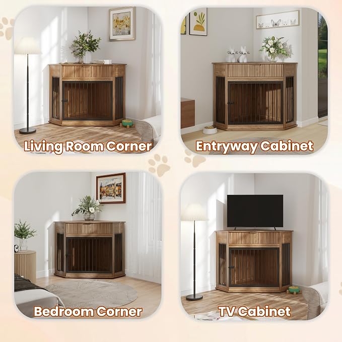 44.6" Corner Dog Crate Furniture for Small Medium Dogs, Modern Medium Size Decorative Dog Crates End Table with Fluted Drawer, Wooden Dogs Cage Kennel Furniture for Home Décor, Walnut