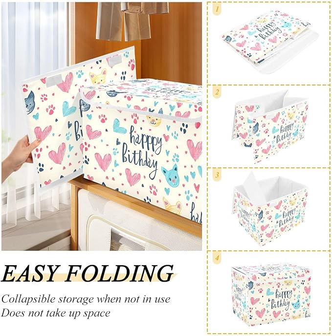 Birthday Gift Fabric Storage Bins with Lid Foldable Storage Boxes Baskets | Decorative Storage Boxes, Foldable & Stackable, Dust-Proof Flip Top, Reinforced Handles, For Home & Dorm, Clothes & Toy Box