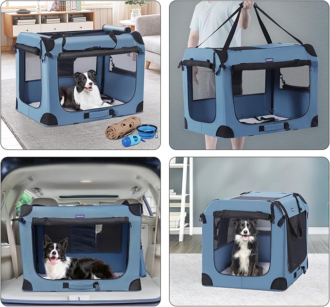 Petprsco Portable Dog Crates for Medium Dogs, 32"x23"x23" Travel Dog Crate | Collapsible Dog Crate with Plush Mat, Soft Blanket & Foldable Bowl, Strong Fabric, 4-Sided Vents, 3 Doors, Indoor/Outdoor Use