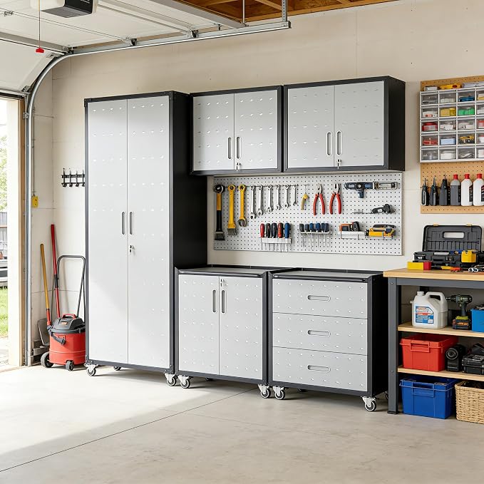 Garage Cabinet System | Heavy Duty Steel All-in-One Modular Garage Cabinet Set for Ultimate Workshop Organization | Easy Assembly Garage Storage Cabinets & Tool Bench