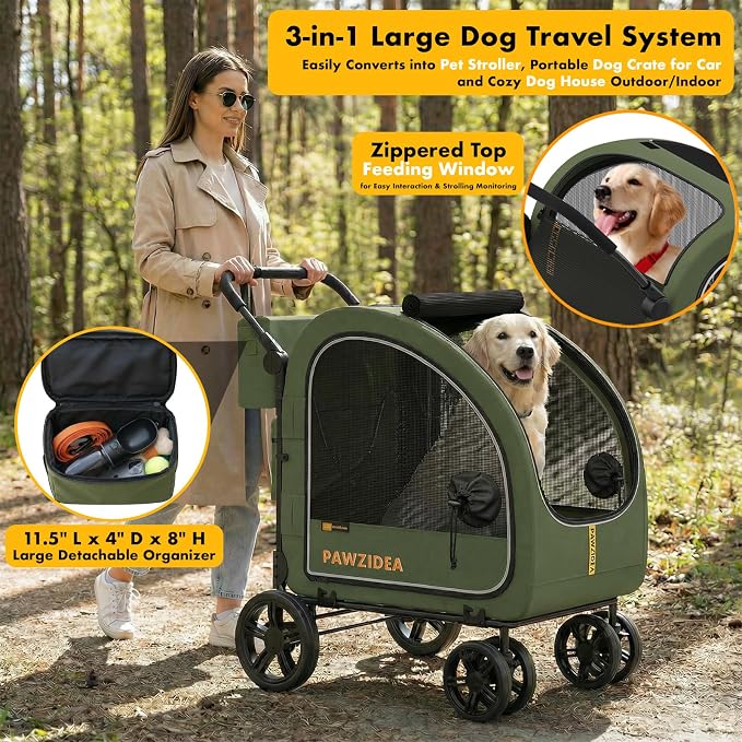 PAWZIDEA 3-in-1 Large Dog Stroller with Detachable Carrier, 45% Extra Tall | Dog Crate Car Travel for 2 Medium Dogs Sit Upright, Foldable Jogger Pet Stroller All-Terrain, Adjustable Handle, Up to 100lbs