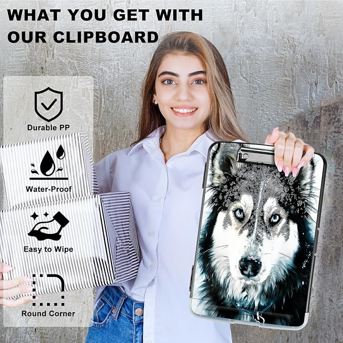 A4 Clipboard with Storage Pen Holder, Clipboards Organizer Nursing Clipboard Foldable File Folder Plastic Clipboard Folio Clip Board for Office Work Classroom Doctor, Huskies in Snow