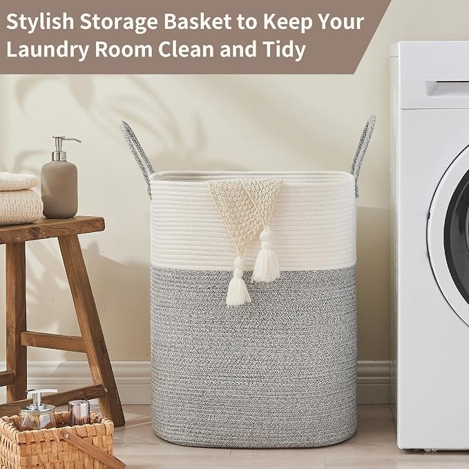AINUOQI Laundry Basket with Handles - Blanket Basket & Hampers for Bedroom Aesthetic, Laundry Hamper & Blanket Storage for Living Room, Clothes Hamper, Tall,Large 21.7" x 16.9" x 11.8”, Light Grey