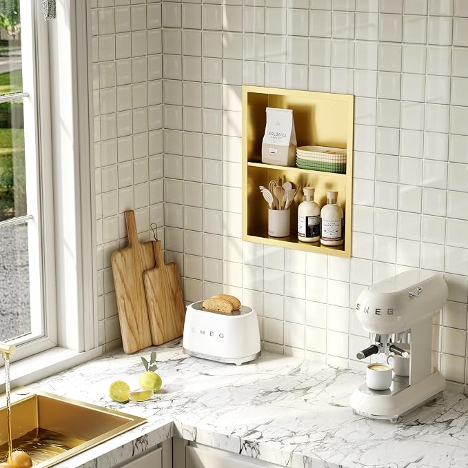 Qeke 14x 18 Medicine Cabinet Recessed with Double Shelves, Brushed Golden | 304 Stainless Steel Medicine Cabinet without Mirror, No Tile Needed Wall Niche for Bathroom Storage, Space Saving & Durable