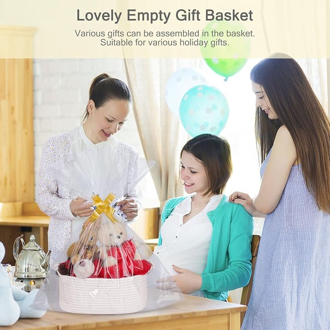 Small Empty Gift Basket with Bag & Ribbons, White | 12“x8”x5”, Cotton Rope Woven Basket for Birthdays, Baby Showers, Mother's Day, Christmas; Stores Small Items, Kids & Pet Toys