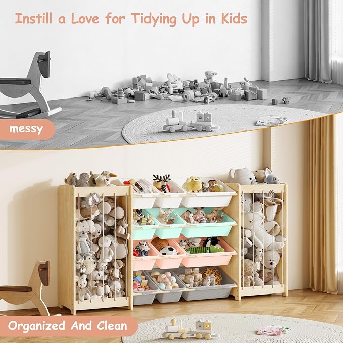 EXPERLAM Large Toy Storage Organizer, Wooden Stuffed Animal Storage & 12-Bins Toy Organizer, Double-Sided Plush Toy Holder Featuring Thicker Ropes, Space Save Playroom Bedroom Nursery Storage, Multi