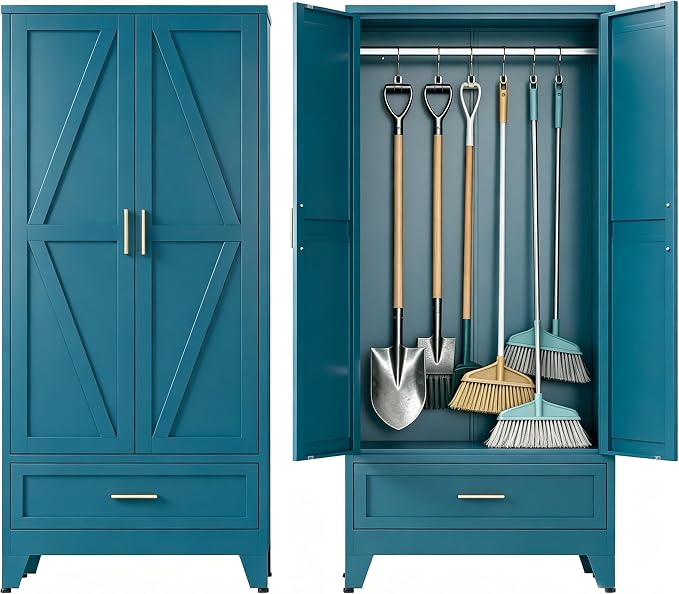 71" H Blue Storage Cabinets,Metal Storage Cabinets,Garage Cabinet,Broom Closet Storage Cabinet,Utility Cabinet