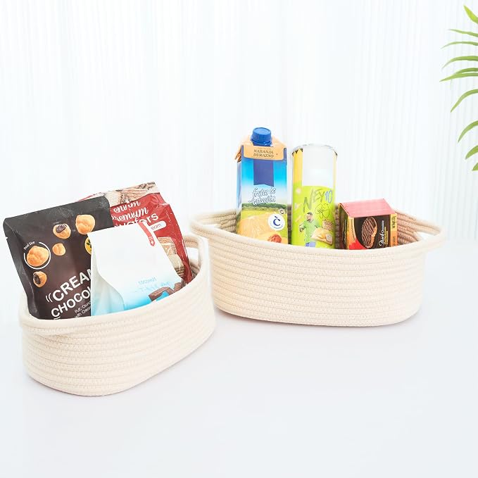 5-Piece Storage Baskets for Organizing, Small Woven Rope Baskets for Storage and Shelves, Dog Cat Toy Basket Box, Pantry Bathroom Organization Bins, Nightstand Organizer, Beige