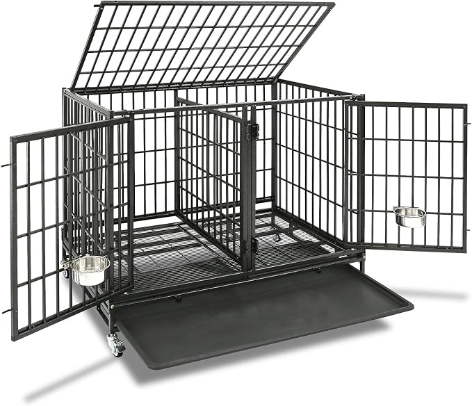 Homey Pet Taller 43" Heavy Duty Double Dog Crates with Divider & Dual Door | Drop Cage for Dogs with Lockable Wheels, Bowls, Removable Tray, Top Access, Ideal for Small to Medium & Large Dogs, Breeders