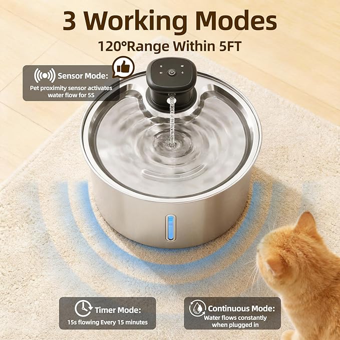 Wireless Cat Water Fountain,Cat Water Fountain Stainless Steel 3.2L/108oz Large Capacity Battery Operated Pet Water Fountain Indoor with Motion Sensor for Cats Dogs BPA-Free