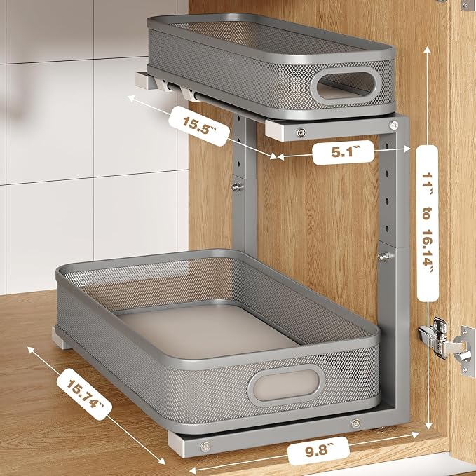 2 Pack 15.7IN-Depth Under Sink Organizer With Smooth Cylindrical Rail,2-Tier Pull Out Multi-Purpose Cabinet Storage for Bathroom&Kitchen,Height Adjustable,Rust-resistant Coating-Gun Gray