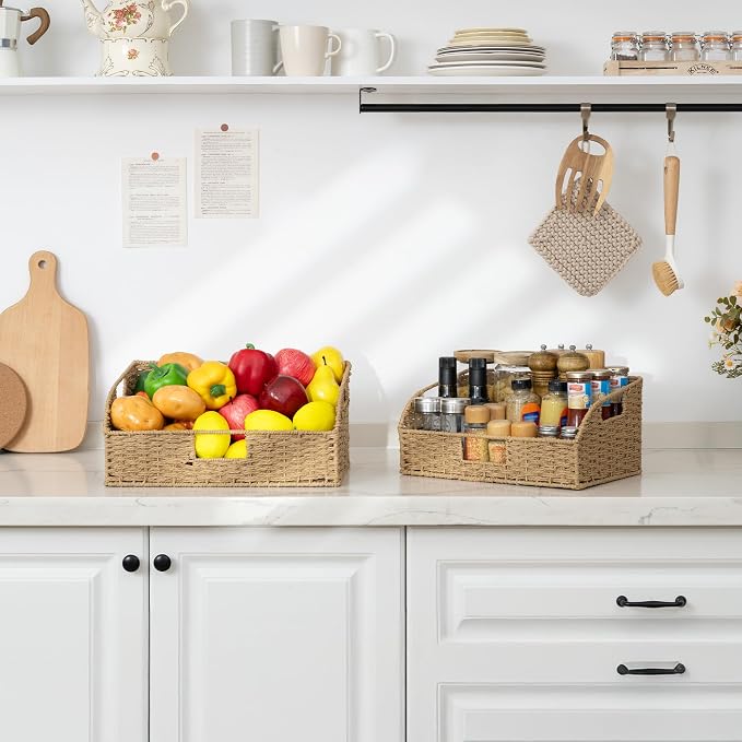 StorageWorks Pantry Baskets for Organizing,Wicker Basket for Storage,2-Pack | Paper Rope Wicker Storage Baskets for Shelves with Handles, Pantry Organizers and Storage, Shelf Baskets for Organizing