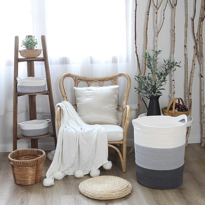 Sea Team Large Woven Cotton Rope Laundry Basket with Handles, 20 x 14 in | Collapsible Knitted Hamper, Closet Shelf Organizers, Containers for Clothing, Blankets, Toys, Bedding, Gray