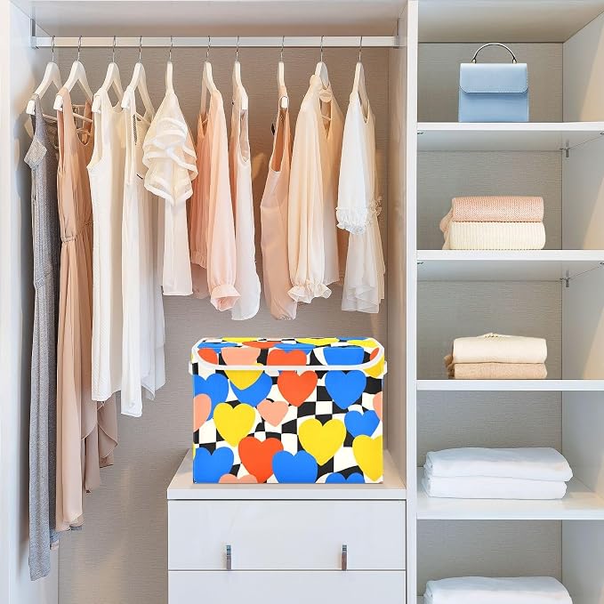Heart Check Fabric Storage Bins with Lids Closet Bedroom 40L Storage Basket | Decorative Storage Boxes, Foldable & Stackable, Dust-Proof Flip Top, Reinforced Handles, For Home & Dorm, Clothes & Toy Box