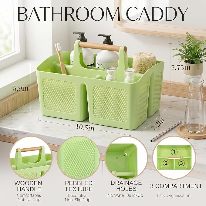 Haundry Plastic Green Shower Caddy Basket with 3 Compartments, Portable Divided Bathroom Cleaning Caddy Organizer Storage Tote with Handle for Dorm, College, Room Essentials