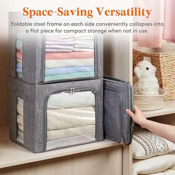 Lifewit Clothes Storage Bins with Metal Frame, Stackable Storage Box, Foldable Clothing Storage Bins with Lids, 40L Storage Bags Fabric Box Organizer with Clear Window＆ Zippers＆ Sturdy Handles 6 Pack