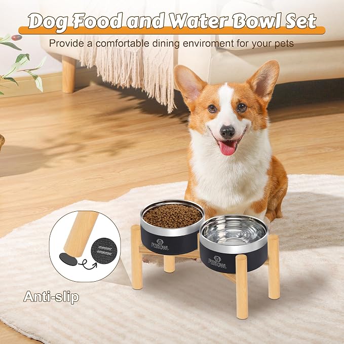 UPSKY 27oz Elevated Stainless Steel Dog Bowls Non-Slip Wooden Stand Black | Double Bowls, Raised Feeding, Reduces Neck Strain, For Small & Medium Dogs, Food and Water Use Indoor & Outdoor
