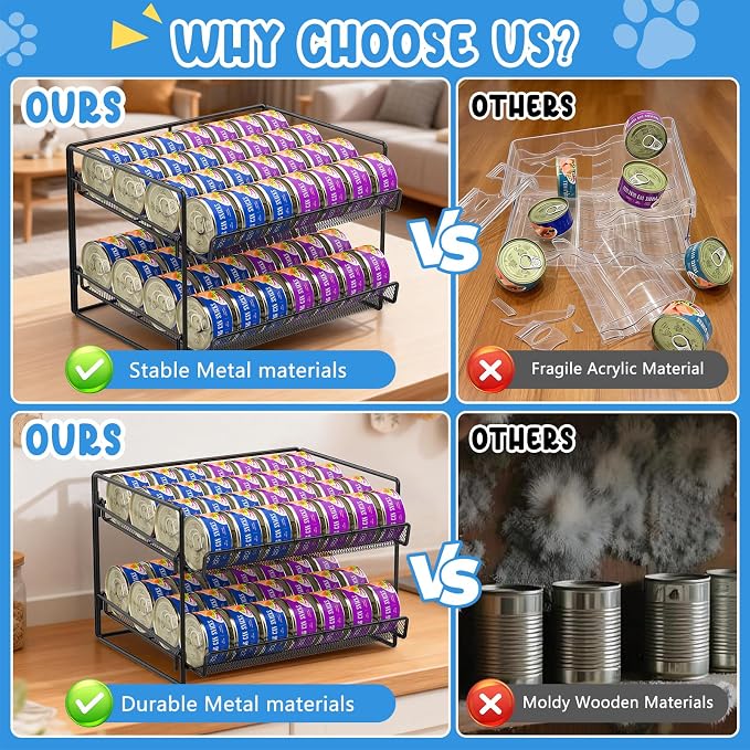 Cat Food Can Organizer 2-Tier Can Organizer for Pantry 56 Cans 3.5oz | Black metal 2-tier cat food can organizer,Holds 56 cans 3.5oz,Adjustable pantry countertop storage for kitchen cabinet
