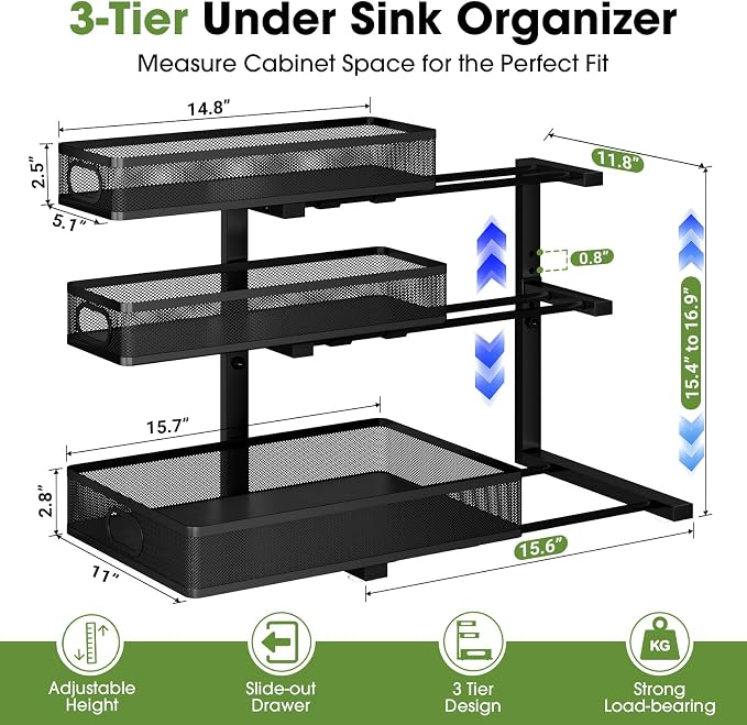 Under Sink Organizer 3 Tier, 2 Pack L-Shaped Pull-Out Cabinet Organizer with Sliding Metal Mesh Drawers, Height Adjustable Under Sink Storage Rack for Kitchen Bathroom Cabinet, Black