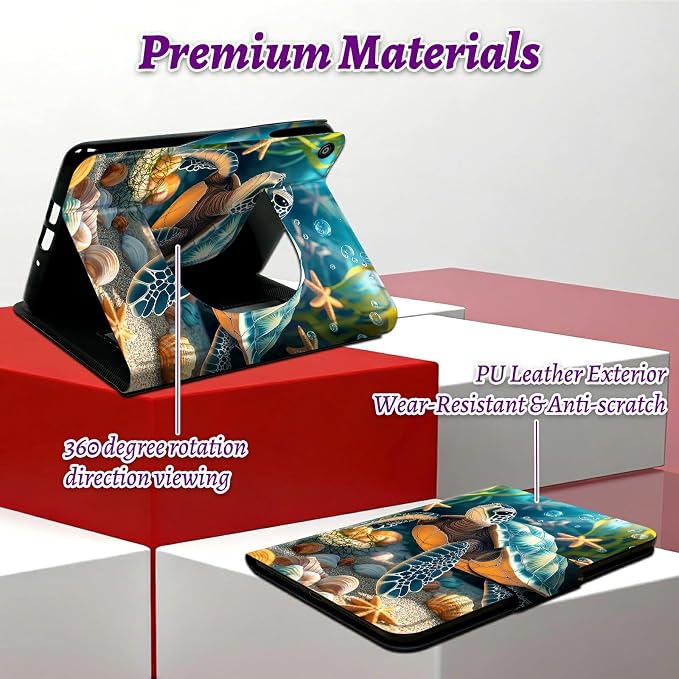Rotating Handle Case for Samsung Galaxy Tab A11 Plus 2026/A9 Plus 11" 2024, 360 Degree Swivel Kickstand with Magnetic Closure Shockproof Leather Cover for Women Men, Sea Turtle Seaweed