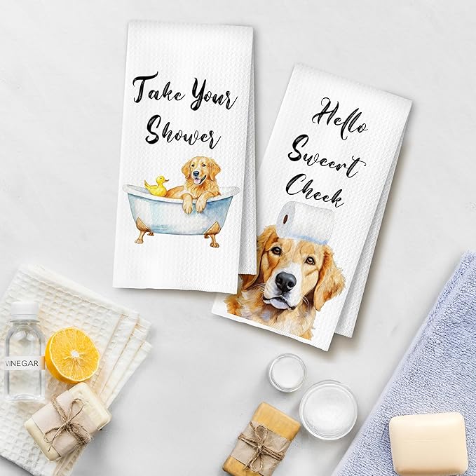 Funny Golden Retriever Hand Towels for Bathroom Washroom, Dog Bathroom Decor, Gifts for Golden Retriever Lovers, Humorous Dog Hand Towels, 16x24 Inch Set of 4