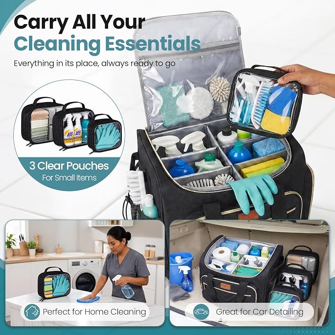 INSMEER Cleaning Caddy with Wheels,3 Removable Clear Bag and 1 Shoulder Bag | Large Cleaning Cart on Wheels,Water Resistant Cleaner Supplies Organizer with Wheels for Kitchen, Tool Organizer