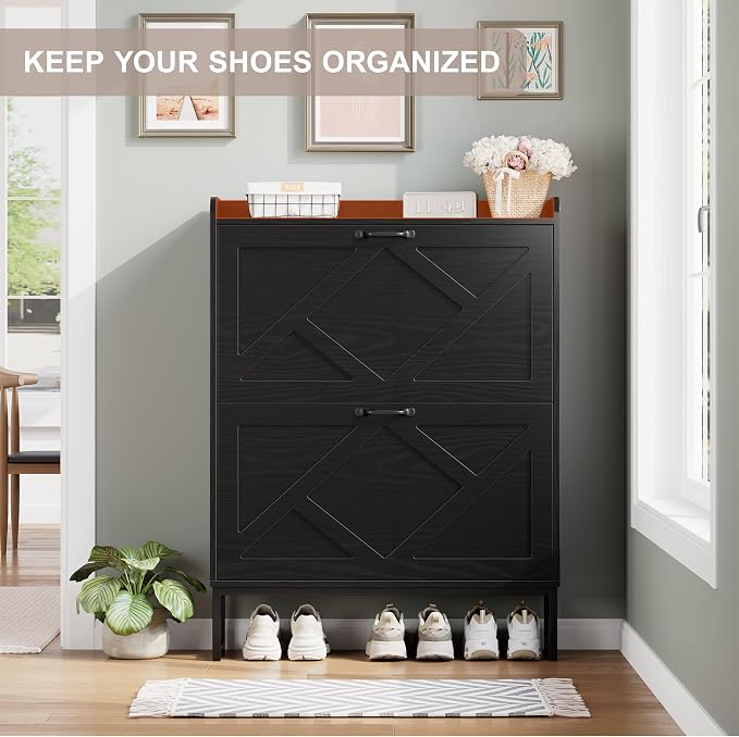 Shoe Storage Cabinet with 2 Flip Drawers, Entryway Cabinet, Black | Slim Shoe Cabinet with Metal Legs, Narrow Farmhouse Shoe Organizer for Entryway, Foyer, Hallway, Wood Shoe Rack with Hook