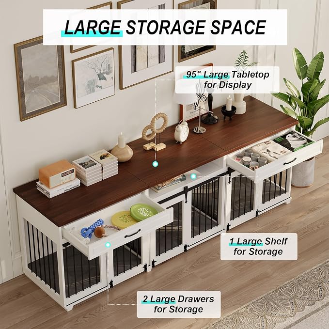 Dog Crate Furniture - Indoor Wooden Dog Furniture Crate Kennel with 3 Sliding Barn Doors, 2 Drawers & 1 Shelf - 95" Lx23.6 Wx31.5 H, White