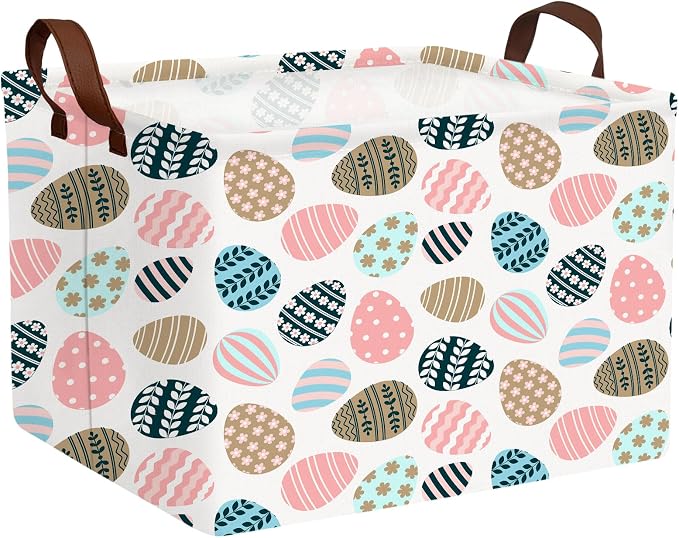 Large Cute Easter Basket for Kid Empty Gift Baby Rectangle Storage Bin Bunny Eggs Boy＆Girl Room Décor (Retro Art Easter Egg)