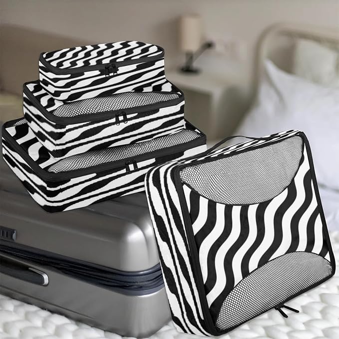 Packing Cubes for Travel, Fashion Chevrons Travel Luggage Packing Organizers for Women Men, Large Custom Toiletries Bag for Clothes Shoes, Black White Chevrons