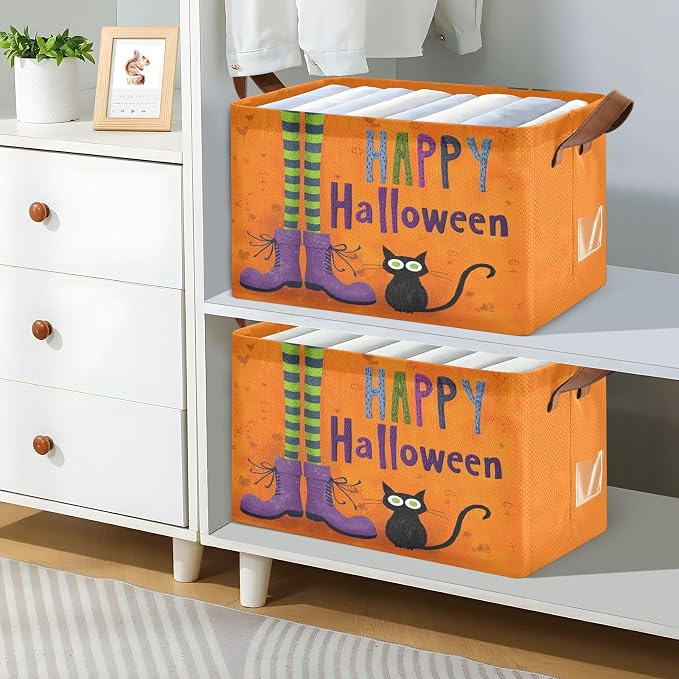 Happy Halloween Witch and Cat Storage Basket Foldable Cube Storage Bins with Handles&Label Waterproof Organizer Box Bin Large Rectangle Decorative Baskets for Shelves Home Room Laundry, 2 Pack