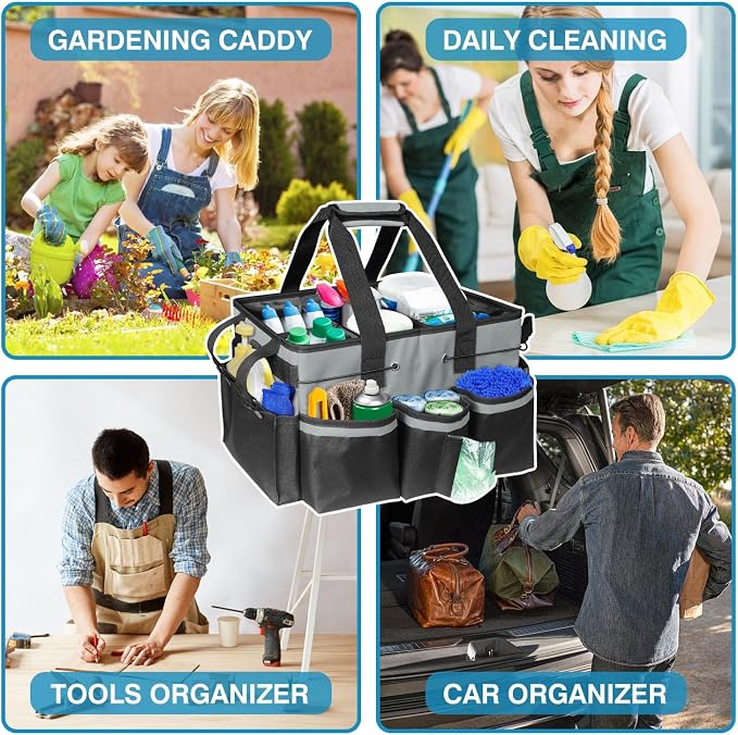 Cleaning Tool Organizer Bag with Handles, Cleaning Caddy, Grey | Cleaning Bag for Housekeepers,Detachable Shoulder Strap & Dividers, for Car Detailing, Housekeeping, Cleaners
