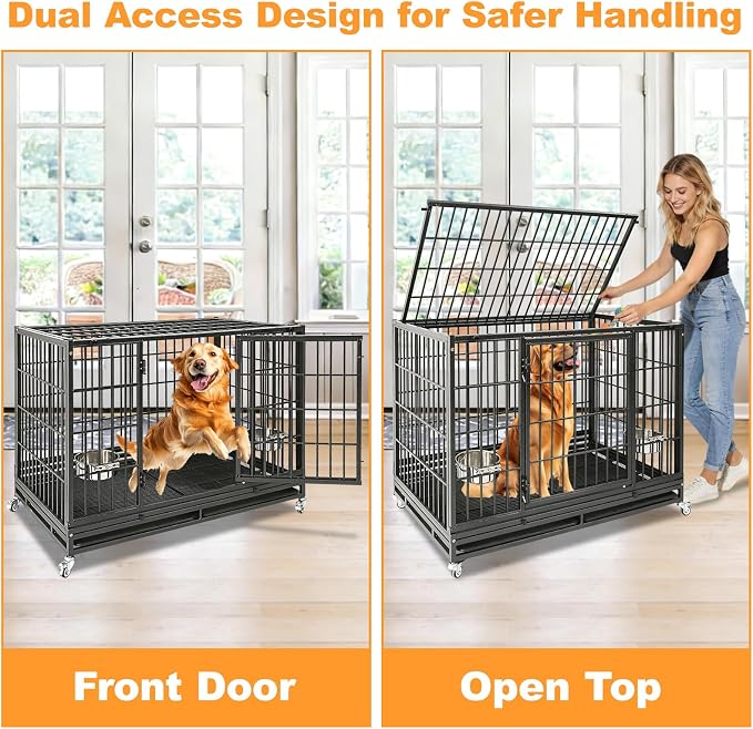 Homey Pet Two Tiers Heavy Duty Dog Crates for Large Dogs, 8 Pack | 47 Inch Stackable Large Dog Crate Cage with 4 Wheels, 2 Removable Trays and Grids, Multi Locks Strong & Solid Escape Proof
