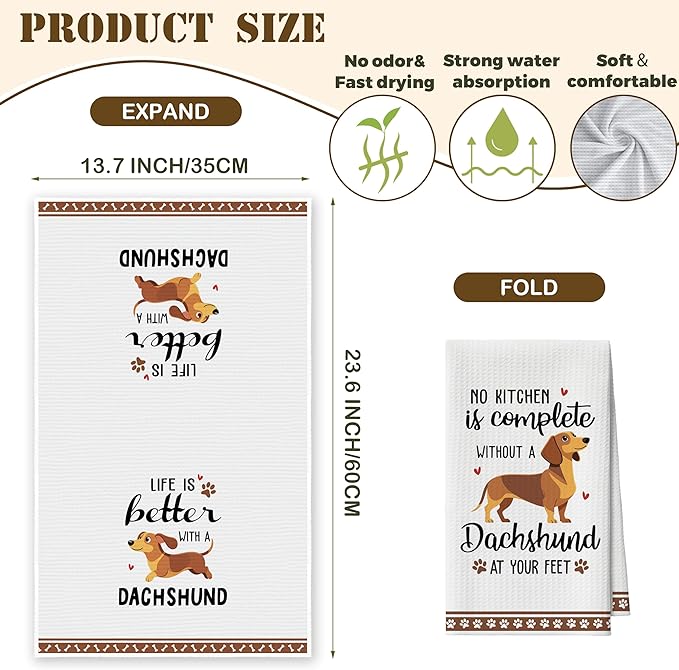 Kitchen Towels Set Of 2, Dachshund Dish Towel For Kitchen, Decorative Hand Towels For Bathroom, Fast Drying Tea Towel With Funny Sayings, Housewarming Gifts For Wiener Dog Lover Women Mom -B03
