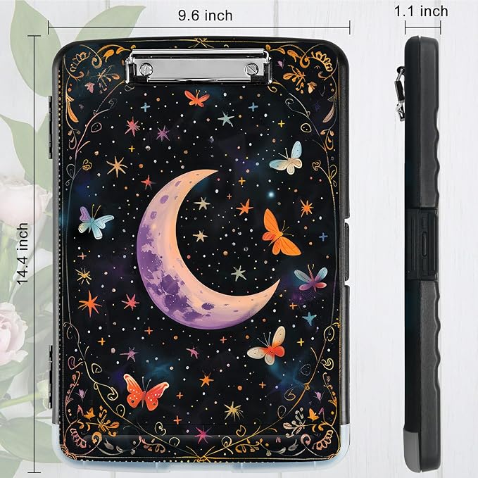 A4 Clipboard with Storage Pen Holder, Clipboards Organizer Nursing Clipboard Foldable File Folder Plastic Clipboard Folio Clip Board for Office Work Classroom Doctor, Butterfly Dark Moon