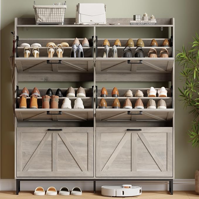 Xixini Shoe Storage Cabinet with 6 Flip Drawers, Entryway Shoe Rack, Grey | Freestanding Narrow Shoe Storage, Hidden Slim Wood Shoe Organizer, Modern Farmhouse, Open Storage & Hooks for Closet, Hallway