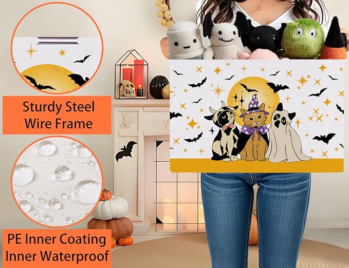Large Halloween Themed Candy Gift Boo Basket for Kids Baby Personalized Adults Storage Bin Fall Decor(Cat Bat)