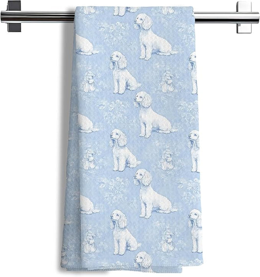 Blue Chinoiserie Poodle Decor Kitchen Towels, Blue and White Botanical Grandmillennial Dog Decorative Dish Tea Towels,Poodle Gifts for Kitchen Bathroom Decor, 16x24 Inch