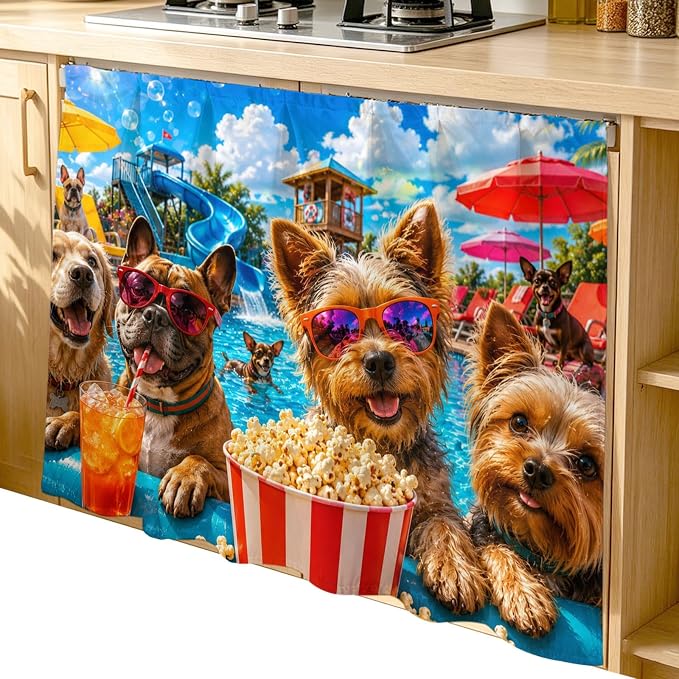 Summer Dog Cabinet Dishwasher Hidden Curtains, Privacy Closet Door Curtain, Summer Fantasy Pets Juice Popcorn Pool Country Adhesive Dust Proof Under Sink Skirt for Bathroom Kitchen 35"x35"