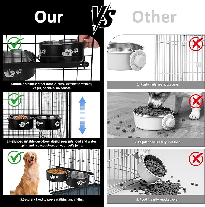Kennel Water Bowl Hanging, 2 Pack Dog Crate Bowls, No Spill Dog Crate Water Bowl, Food Bowls for Kennel Cage Crates Mountable, 6.3*6.3*2.75 inches for Medium and Small Dog Cat Bunny Guinea Pig Ferret