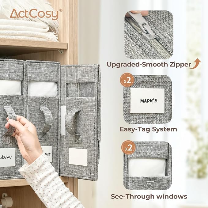 8Pack Sheet Organizers and Storage with Handles – Foldable Linen Closet Storage for King & Queen Sheet Sets – Clear Window & Removable Labels – Dustproof & Space-Saving Design, 8Pack, Grey