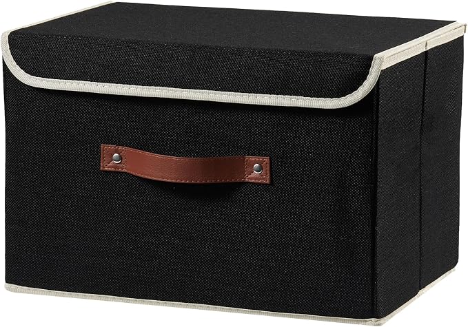 Storage Boxes with Lids Cotton Linen Fabric Bins Baskets | Decorative Collapsible Washable, Clothes Container Organizer for Closet Shelf, w/ Faux Leather Handles, Black, Large