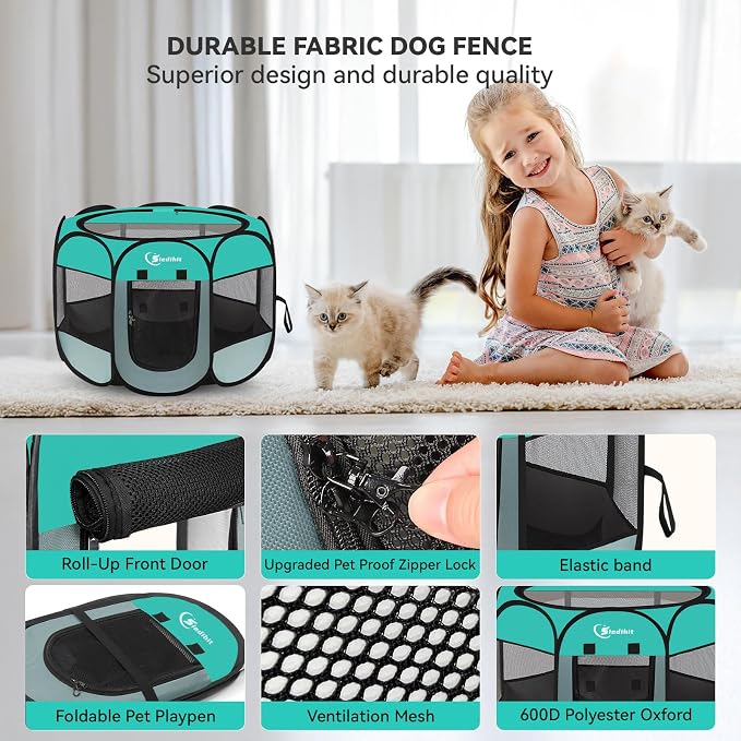 Siedihit Playpen for Small Dog Cat, Dogs Tent Crate Cage Indoor/Outdoor | Portable Pop Up Dog Kennel with Carrying Bag for Rabbits(Green, Small)