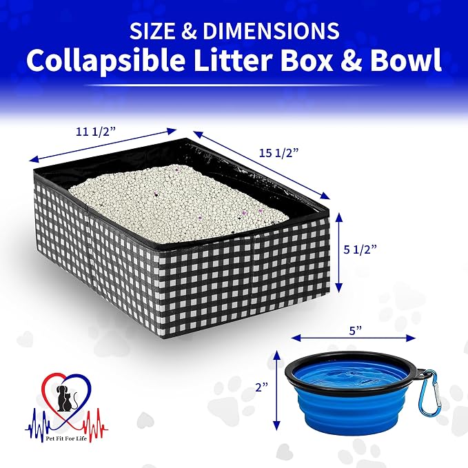 Pet Fit For Life Vibrant Collapsible Travel Cat Litter Box 16"x12"x5" Black | Portable, Foldable Pop-Up Litter Box with Bonus Water Bowl. Folds Flat for Compact Storage During Travel and Camping.