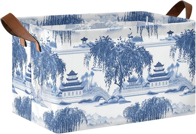 Blue and White Porcelain Pavilions Willow Tree Storage Bins for Shelves with Labels&Handles Fabric Organizer Bin Foldable Rectangle Storage Basket Boxes for Closet, Bathroom, Home, Living Room