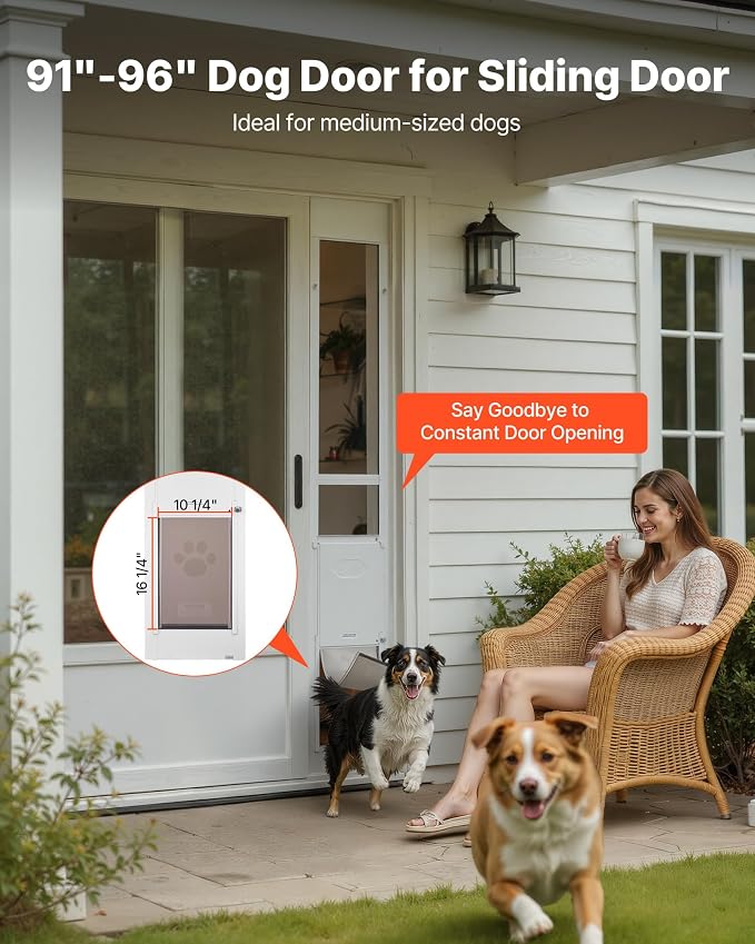 VEVOR Dog Door for Sliding Glass Door, 91 to 96 in Adjustable Height, Aluminum Alloy Frame with Metal Rotating Hinges, Lock Design, 10 1/4 x 16 1/4 in Flap, Sliding Glass Pet Door for Renters | For Medium-Sized Dogs and Pets, 91 to 96 in Adjustable Hei...