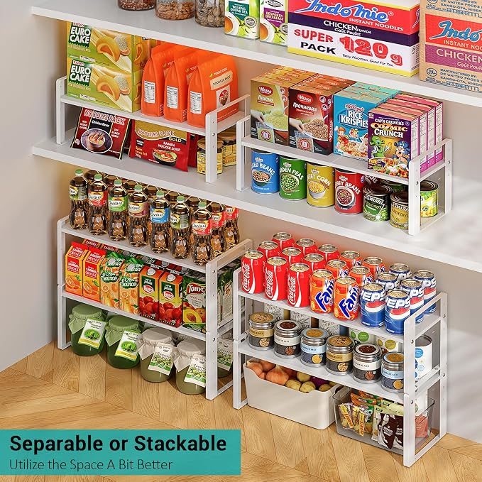2 Pack Expandable Cabinet Organizer Shelves, 88lbs High Weight Capacity, Stackable Heavy-Duty Metal Storage Rack, Adjustable Cabinet Shelf for Kitchen, Pantry, Cupboard, Under Sink, White