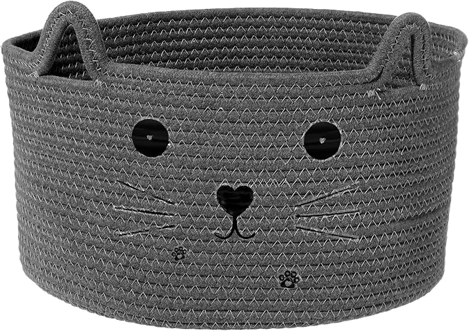 Zopeal Cat Storage Basket Woven Organizer with Ears Decorative Gift Cute Cotton Rope Pet Toy Basket for Gift Cat Dog Toy Bin Nursery Room(13.7 x 7.8 Inch,Dark Grey)